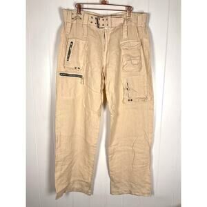 Pete & Grata Johnny Was Women's Tan‎ Linen Y2K Wide Leg Cargo Pants Size 12